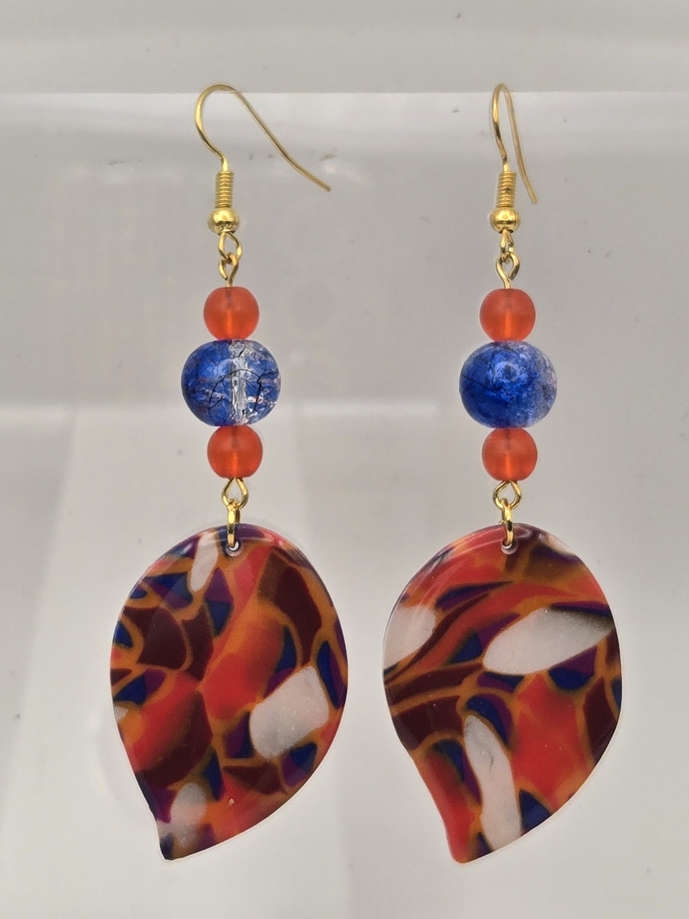 Vibrant Red-Orange & Blue Leaf Drop Earrings with Gold Hooks